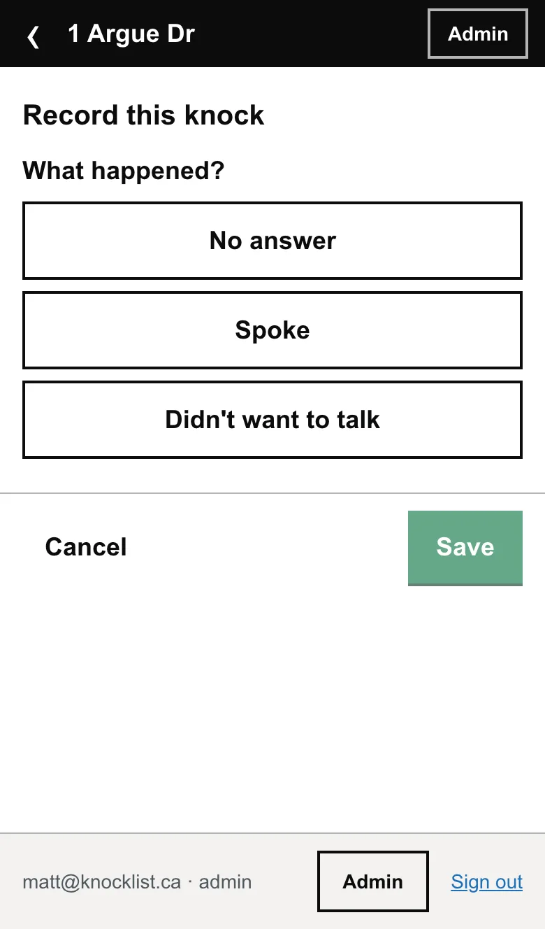 Recording a knock: No answer, Spoke, or Didn't want to talk