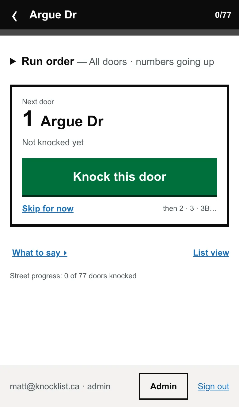 KnockList street run: the next door with a big green Knock this door button