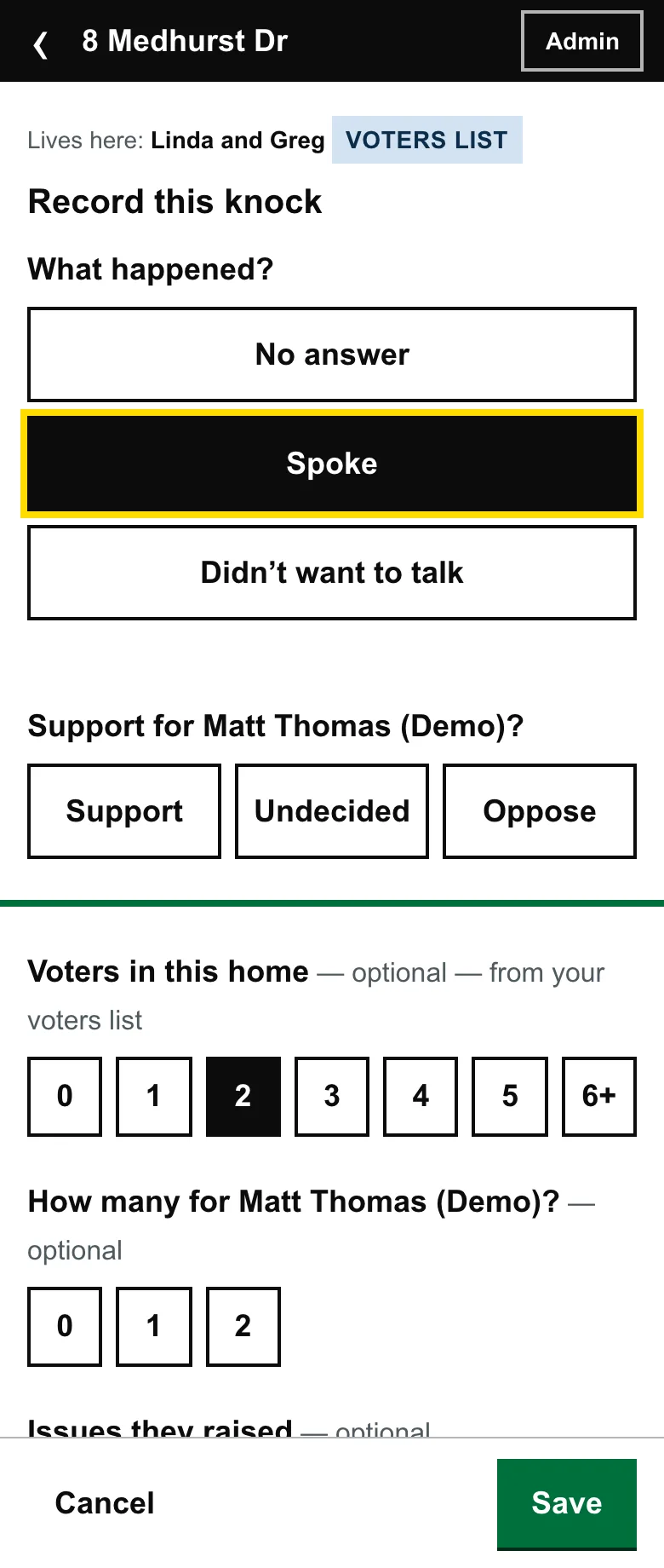 A door on the knock screen reading “Lives here: Linda and Greg” with a Voters list tag, and a voters-in-this-home count below